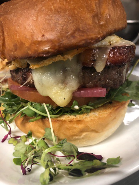 Look at this amazing accomplishment a tower of arugula, pickled red onions, tomato and pork belly with melted NY sharp and sweet cheddar and topped with a fried egg 🍳
We’re calling it the Sunrise 🌅 over Syracuse Burger 🍔
Margarita Chicken Flatbread
Corn chowder soup #lunch