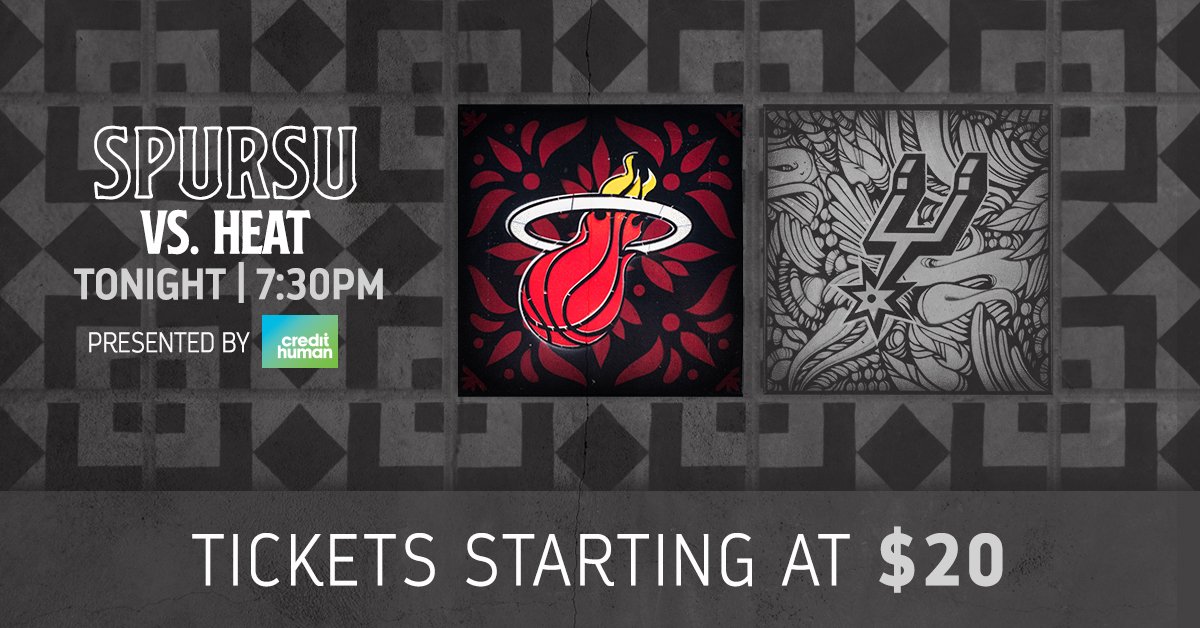 SpursU's tweet photo. SpursU Ticket Alert pres. by Credit Human

Tickets Start at $20 vs. @MiamiHEAT  - Tonight @ 7:30pm

Buy Now: https://t.co/OiCUrQtXft #GoSpursGo⁠ https://t.co/1FJhZTxdVi