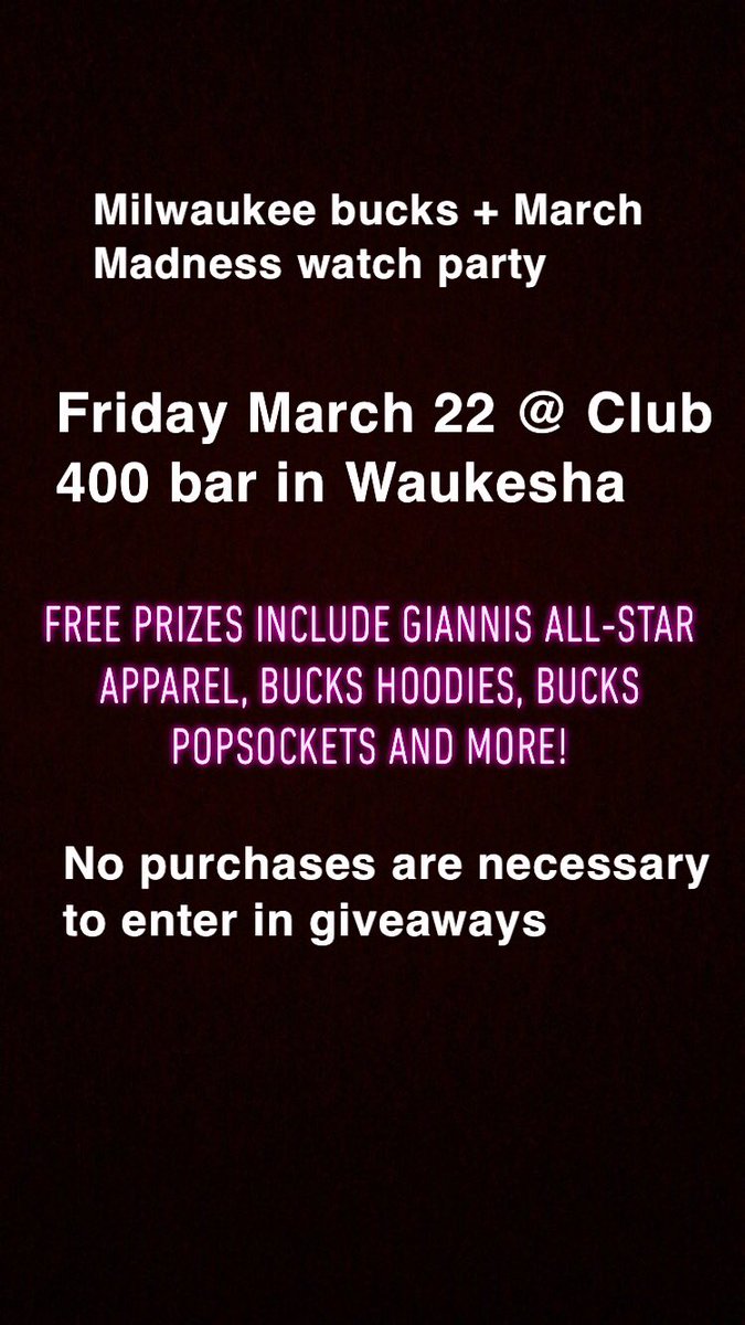 SirZeegs's tweet photo. Milwaukee Bucks + March Madness watch party this Friday @Club_400_  at 7pm! Free Bucks gear for winners!! No purchases necessary to enter in giveaways https://t.co/1M2meB3Jjd