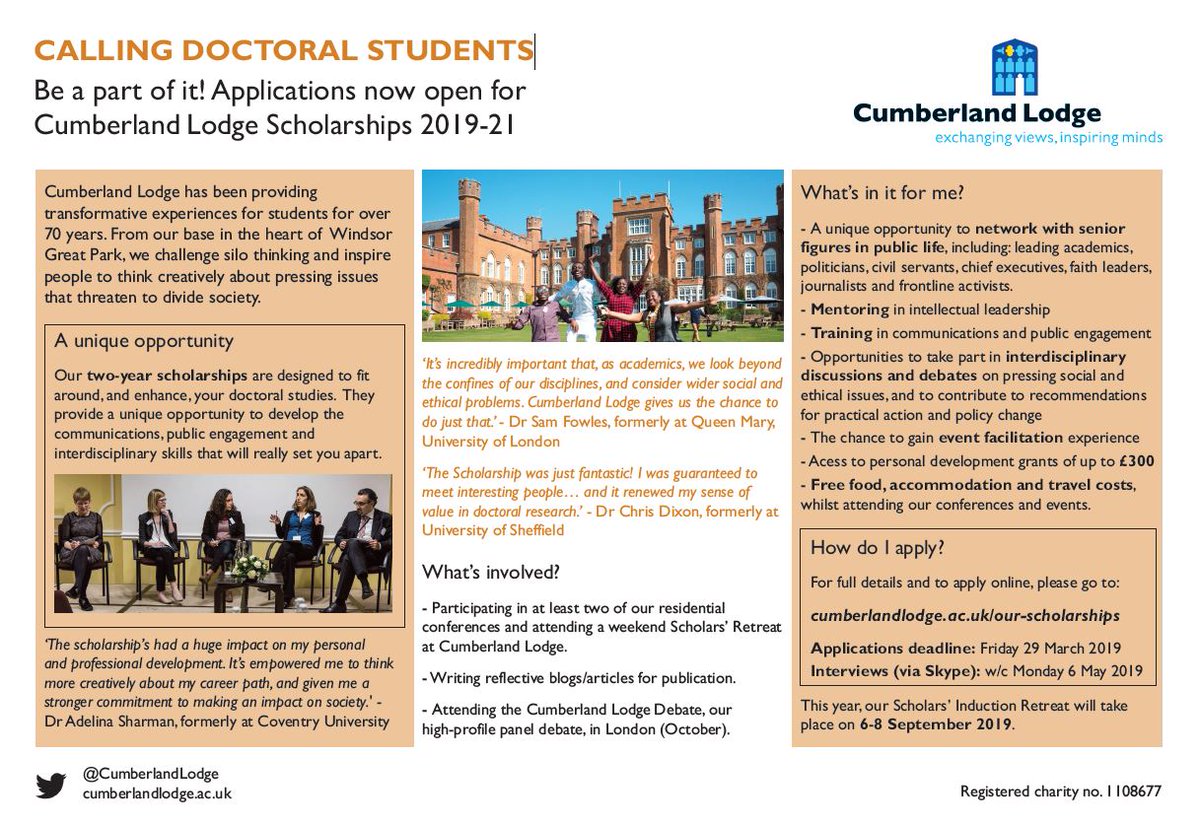 LodgeEducation's tweet photo. Just over a week left to apply for the @CumberlandLodge #Scholarship programme! Find out more below #Scholar #PhD #phdchat #phdlife  #doctoral @AcademicChatter

https://t.co/oUlhCnyoKl … https://t.co/4cg4TNpoUy