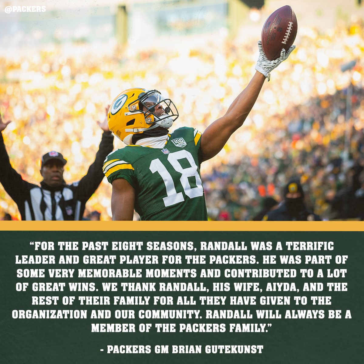 packers's tweet photo. One of the all-time #Packers greats. 

Randall Cobb finishes his eight-year run in Green Bay ranked sixth in team history with 470 receptions &amp; 11th in both receiving yards (5,524) &amp; TDs (41). 

Thank you, 1️⃣8️⃣ #GoPackGo https://t.co/GVhWM0RrTA