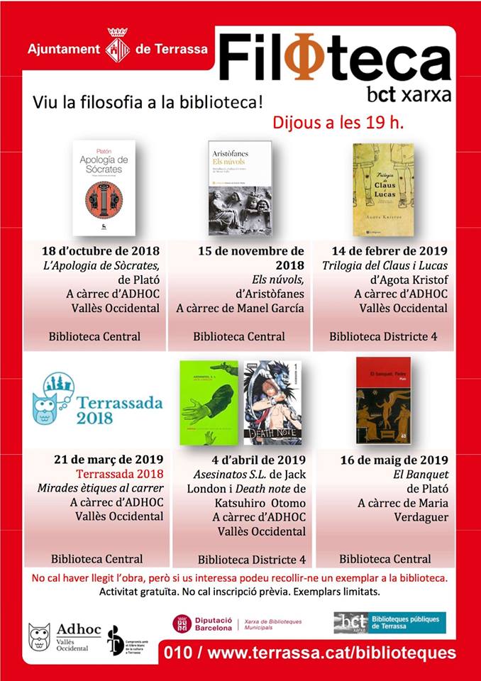 bctxarxa's tweet photo. #Filoteca #Terrassada2019 "Mirades ètiques al carrer", a càrrec del professorat de la @XarxaAdhoc - Vallès Occidental
Demà dijous, 21 de març a les 19.00 h a la #biblioteca bct #Terrassa
Viu la filosofia a la biblioteca! https://t.co/bxGeXlLYWF