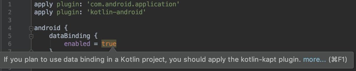 adt_dherman's tweet photo. Data Binding uses annotations (e.g. BindingAdapter), but in Kotlin, annotation processors don't run automatically. This generates misleading errors that have nothing to do with the real problem. We'll be adding lints to help avoid this. https://t.co/oUmssyubuT #projectmarble https://t.co/V8uuatIAFN