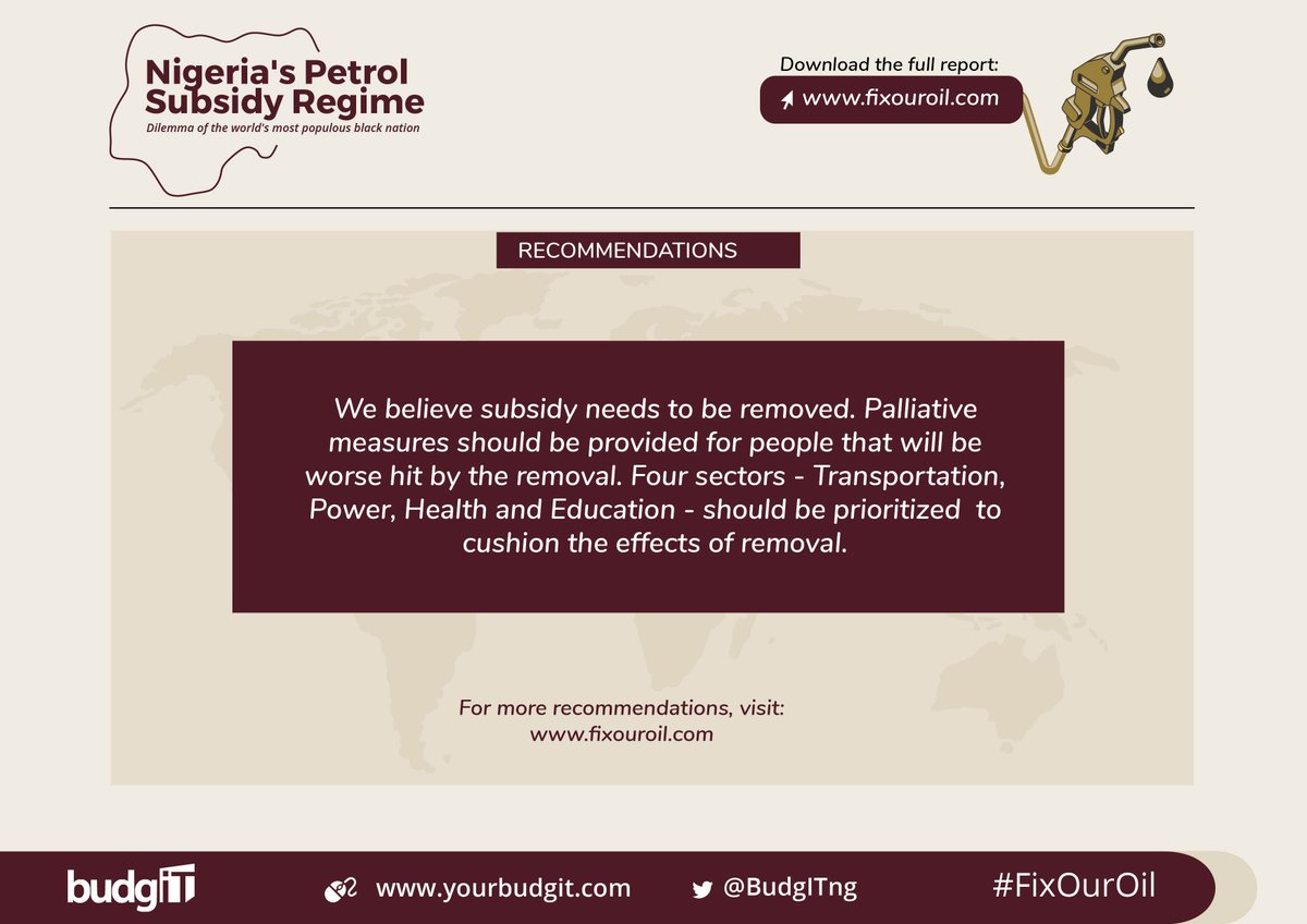 At BudgIT we recommend that petrol subsidy should be removed to free up money for other capital projects. Four sectors should be prioritized - Transportation, Power, Health and Education.What is your opinion on subsidy? Let us know in the comment session.  #FixOurOil