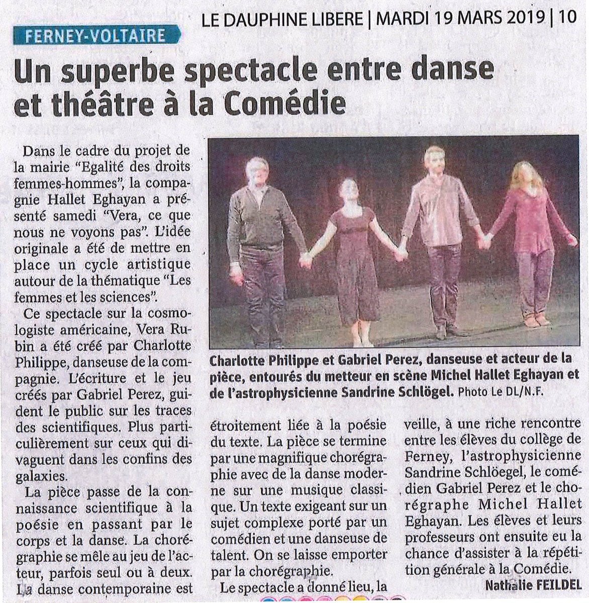 [LA PRESSE EN PARLE]
Nouvel article paru dans le <a href="/ledauphine/">Le Dauphiné Libéré</a> sur la nouvelle création "Vera, ce que nous ne voyons pas" suite au passage de la Compagnie à la Comédie de Ferney-Voltaire.
Quel #bonheur !
#danse #théâtre #femmes #Science