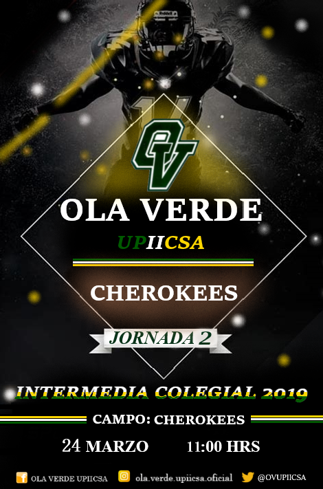 ⚠️ Semana 2 INTERMEDIA COLEGIAL, OFAMO ⚠️
🏈🌊 No te puedes perder este gran encuentro deportivo entre la #OLAVERDE y #CHEROKEES 🌊🏈
📆 La cita es el próximo Domingo 24 de Marzo a las 11 a.m. en el campo de Cherokees📆
#FeelTheWave
