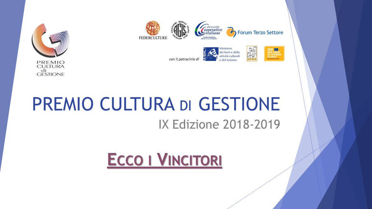 Concluso il #PremioCulturadiGestione
Ecco i #vincitori : 
Ass. <a href="/ProgettoMuseo/">Progetto Museo</a> (Napoli); 
Scherìa Comunità Cooperativa (Tiriolo - CZ); 
Iside srl (Roma); 
Fond. <a href="/ilPolodel900/">ilpolodel900</a> (Torino); 
Fond. <a href="/RavennAntica/">RavennAntica</a> 
Comuni di Fermo, Ascoli Piceno, Macerata, Fano
goo.gl/Lw17ib