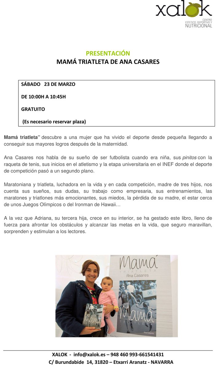 PRESENTACIÓN: MAMÁ TRIATLETA DE ANA CASARES
Un homenaje a su madre, a sus 3 hijos, a su familia y a tod@s l@s que trabajan cada día por alcanzar sus sueños.