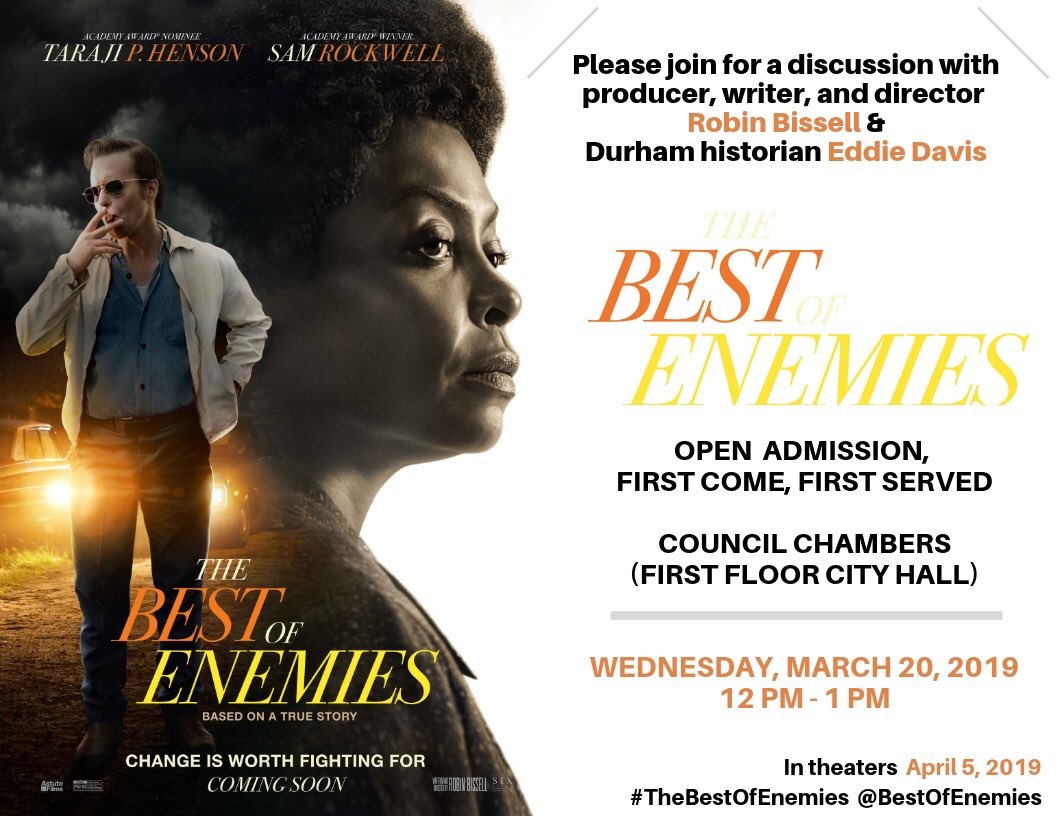 Cityofdurhamnc We Re Excited To Host Robinbissell Director Of Bestenemiesfilm At City Hall Today He S Here For A Moderated Discussion With Durham Historian Eddie Davis About Thebestofenemies How This Important