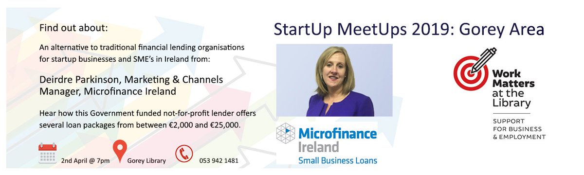 CD (@cd_dublin) on Twitter photo Join us for WorkMatters Startup Meetup on Tues 2 April in Gorey Library at 7.00pm. Deirdre Parkinson, Marketing & Sales Manager, Microfinance Ireland will explain how her org is: “Helping small businesses to start up & succeed.” #WorkMatters #startup <a href="/DearbhlaAine/">Dearbhla Ní Laighin</a> <a href="/wexlibraries/">Wexford Libraries</a> Join us for WorkMatters Startup Meetup on Tues 2 April in Gorey Library at 7.00pm. Deirdre Parkinson, Marketing & Sales Manager, Microfinance Ireland will explain how her org is: “Helping small businesses to start up & succeed.” #WorkMatters #startup <a href="/DearbhlaAine/">Dearbhla Ní Laighin</a> <a href="/wexlibraries/">Wexford Libraries</a>