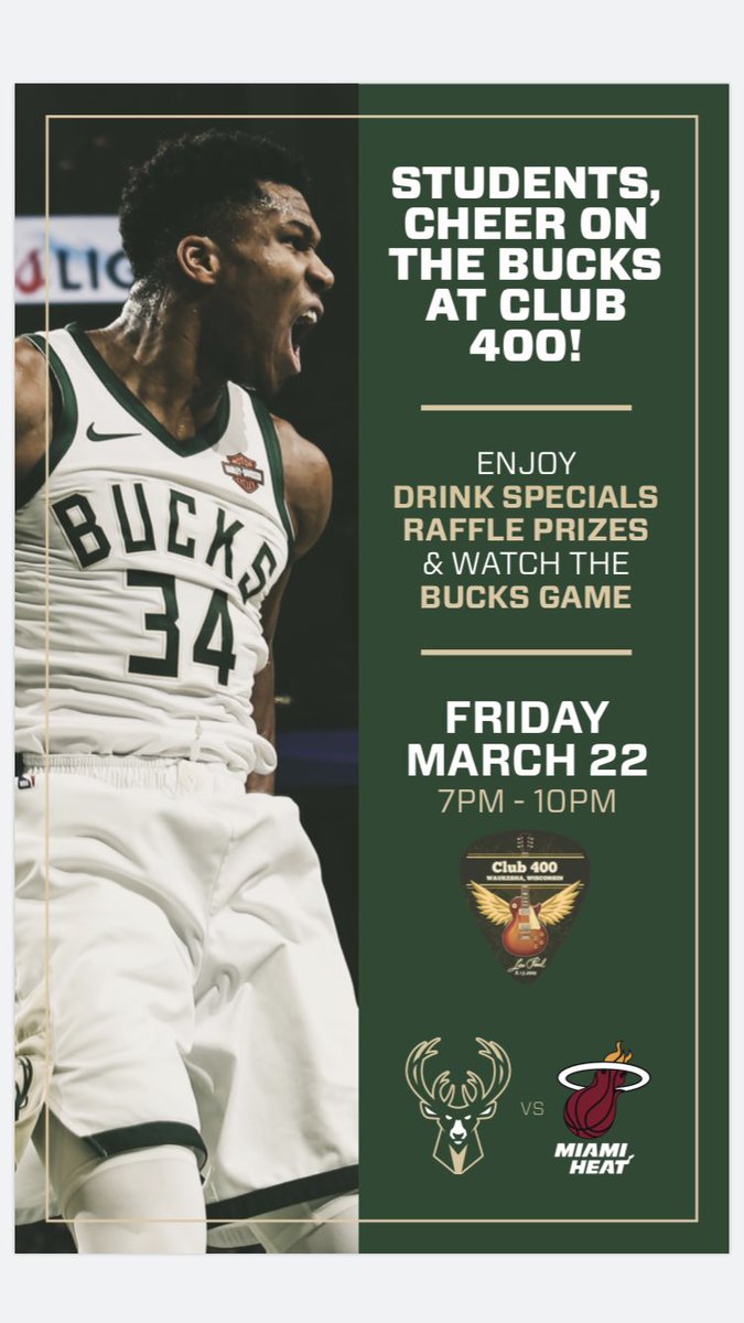 AlexKujawa17's tweet photo. Come out to @Club_400_ on Friday at 7pm for a can’t miss Bucks watch party! It’s going to be a blast! #FearTheDeer https://t.co/A4HaJpNs1g