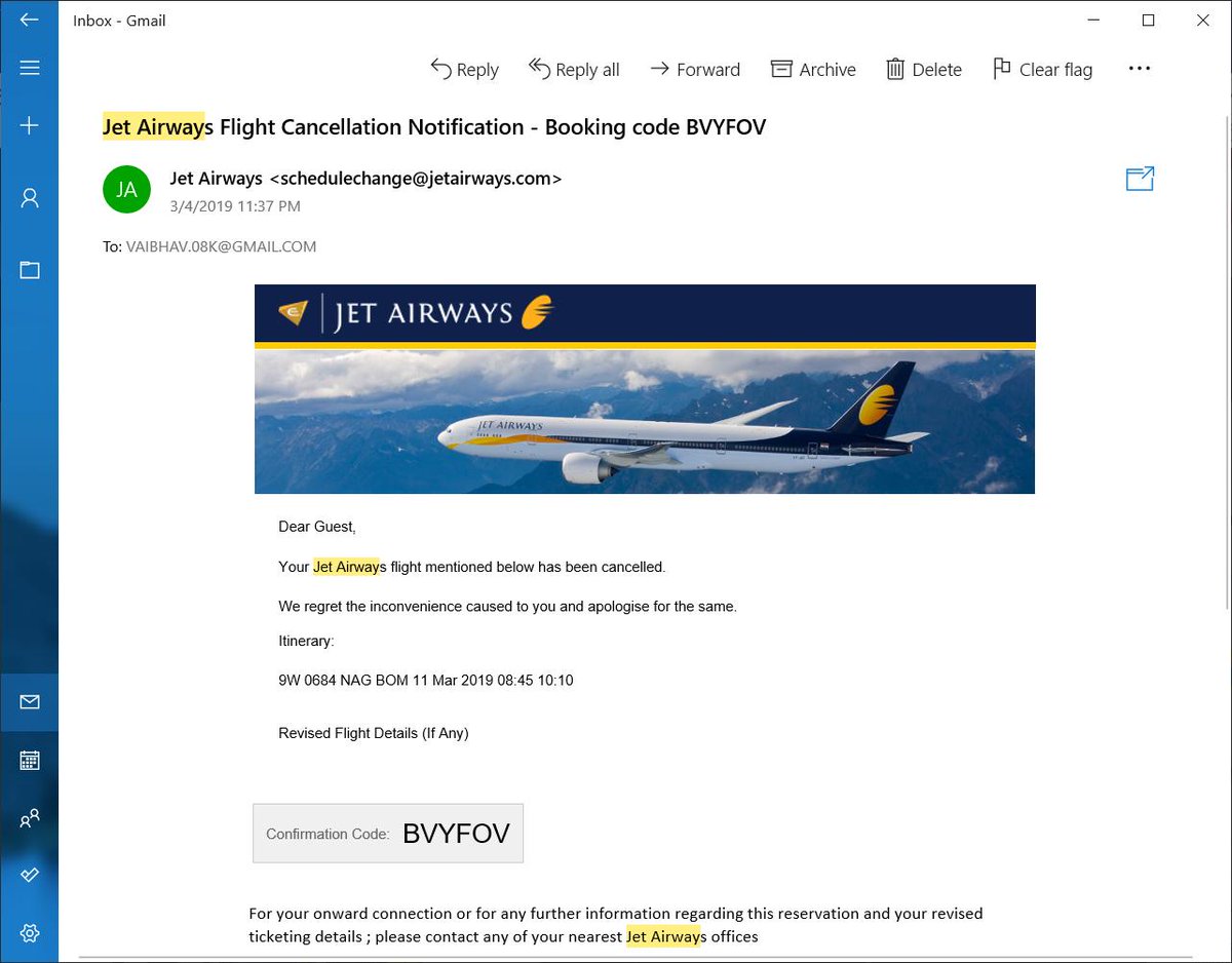vaibhav_08k's tweet image. @Paytm @Paytmcare Dont use paytm for flight booking.They donot give the refund for canceled flight.When u raise tickets they close it without resolution.Booking id:6464443679.(added screen shot of confirmation email frm jet airways). Struggling 2 get refund since 15+ days