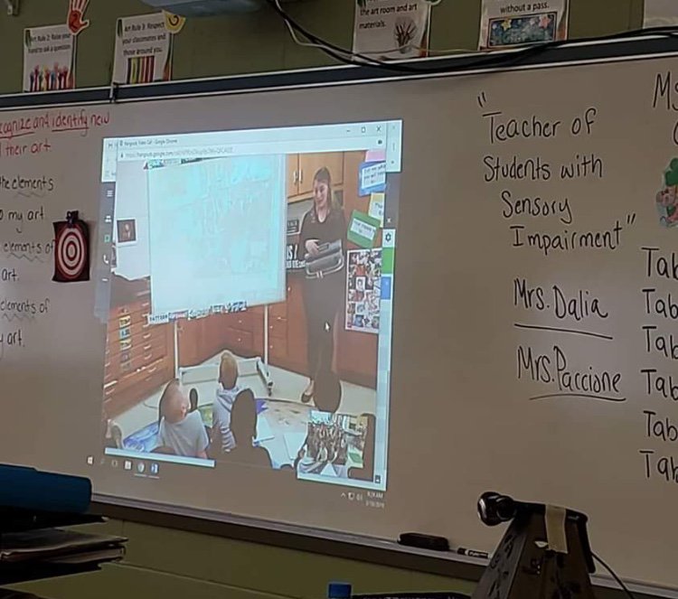 MtLaurelEA's tweet photo. ICYMI: Amazing collaborative @Googlehangout tactile art lesson focusing on life w/o sight &amp; Braille. LM's Mrs. Paccione &amp; her sister-in-law, @SWSDistrict's Ms. Vanessa Paccione, worked w/ Mrs. Dalia, our sensory impaired teacher to help students develop new perspectives!  @NJEA https://t.co/u25vFxPYsg