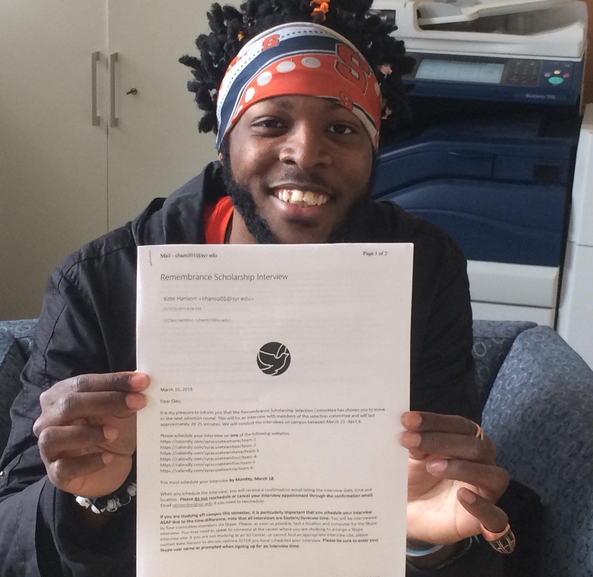 Good luck <a href="/BronzeYellowPHX/">Cleo Hamilton</a> on your interview this week for <a href="/SURemembrance/">Remembrance Scholars</a> 2019-20 Scholar! #redefininginclusion #inclusiveUhistory