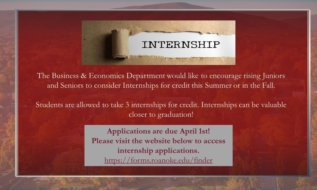 Internships are so valuable come graduation time! Application Deadline is April 1st! Hit the link below! 
forms.roanoke.edu/finder