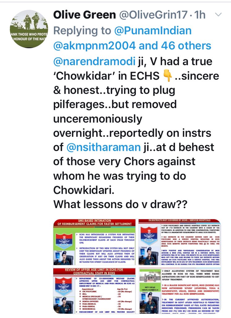 akmpnm2004's tweet photo. @OliveGrin17 @PunamIndian @manmohan16 @kayjay34350 @WoodCheat @sandythapar @ChatyTheCheetah @vigoDoon @Warrior_Mukul @DefenceMinIndia @nsitharaman @adgpi @IAF_MCC @indiannavy @SpokespersonMoD @HQ_IDS_India @BrigMahalingam @kakar_harsha @SinghNavdeep @vikramwkarve @Jaykaul @PashaSehgal @jessisajan @cmseth1 @just_1_singh @MajorPoonia @Neeraj7888 @SmritiRDas1 @DrSubhashMoS @tksapru @ArunBajpai @SushilBhasin @BJP4India @PMOIndia @narendramodi @ColTekpal @ajitbhinder @Col_Bharat @MajDPSingh @rwac48 @ashokkmrsingh @rajeev_mp @nylalsingh @Gen_VKSingh @AmitShah @arunjaitley @Ra_THORe @Ptr6Vb @VishnuNDTV @miljustice_in #CorruptMoD
MD ECHS had initiated actions against some erring Corporate hospitals committing fraud..rewarded with ignominy..removed & attached with Delhi Area..reportedly on orders from RM office.. based on some frivolous complaint from same very ppl against whom he was acting.. https://t.co/Xx7BDGhbFL