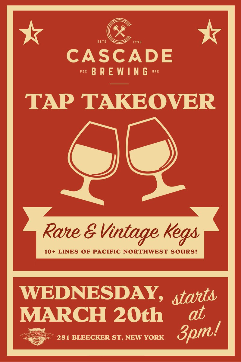 cascadebrewing's tweet photo. Hey New York! Tim Larrance, our Vice President of Sales and Marketing, will be in the West Village today! Starting at 3pm he'll be at the @blindtigernyc one of the OGs of the New York beer scene, with 10 of our sours on tap.Stop in to say hi and taste some delicious sour beers! https://t.co/B3xfNKgujs