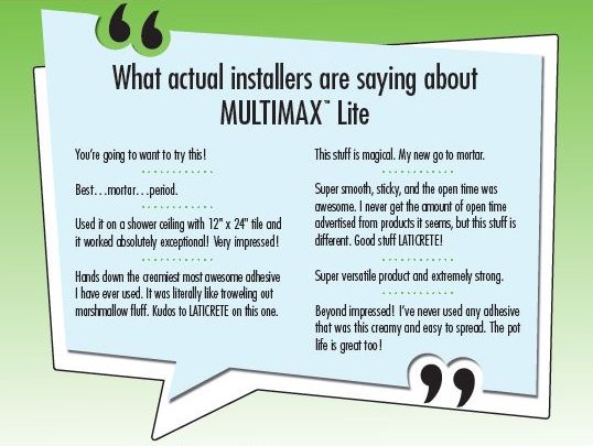 LATICRETE's tweet photo. What's all the buzz about? See what actual installers are saying about the new MULTIMAX™ Lite:
"Beyond impressed! I've never used any adhesive that was this creamy and easy to spread. The pot life is great too!"
#multimaxlite #mortar #adhesive #newproduct #productbuzz https://t.co/GtEyfw1sL0