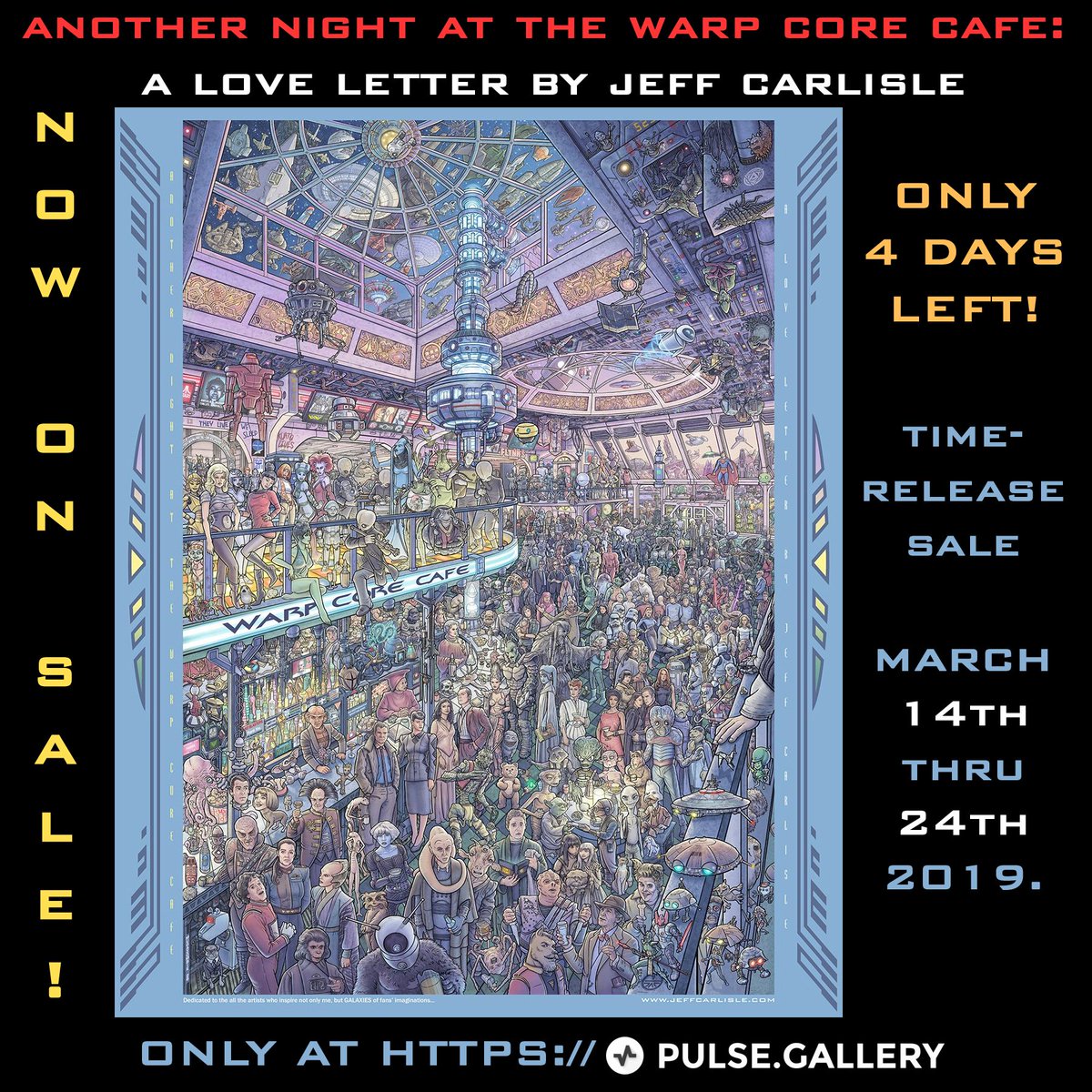 JeffCarlisleArt's tweet photo. ONLY FOUR DAYS LEFT! Another Night at the #WarpCoreCafe! The LIMITED, TIME RELEASE SALE comes to an end on Sunday--and this is the only time this will be available. Don't miss out! Go to @gallerypulse for details. https://t.co/5yFq5d9U2k https://t.co/lxpD2pw5aM