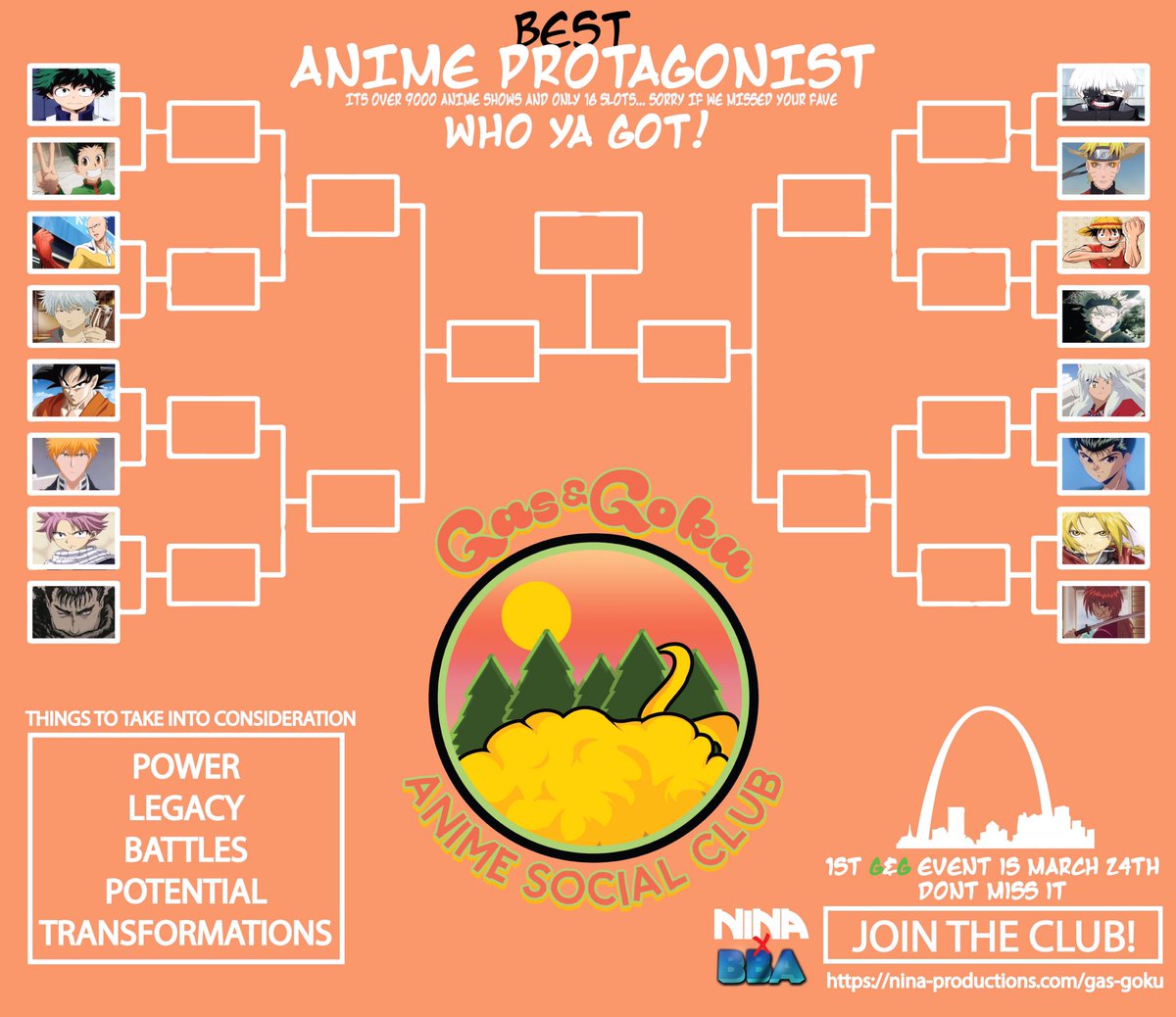 gasandgoku's tweet photo. Who’s your number one spot? Time for some anime March madness! Pull up to Gas and Goku ready to defend your pick - cop tickets with the link in your bio! Bracket designed by @rellBRODIE #ninaproductions #gasandgoku #stl #anime https://t.co/bi5gsUFHDe