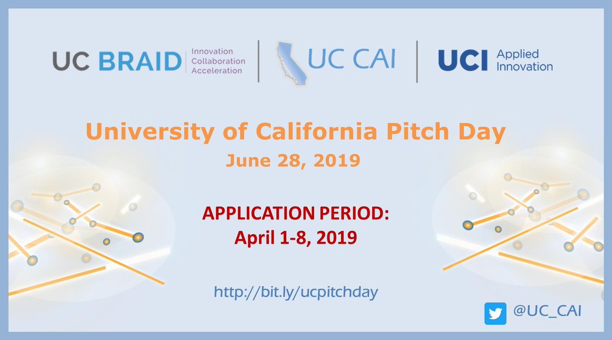UC Pitch Day is coming June 28, 2019! UC faculty can apply for a chance to pitch to a group of potential investors.  Apply April 1-8 bit.ly/ucpitchday <a href="/CTSIatUCSF/">CTSI at UCSF</a> <a href="/UCSF_Catalyst/">UCSF Catalyst</a> <a href="/UCLA_CTSI/">UCLA Clinical and Translational Science Institute</a> @ucsdctri <a href="/UCDavisInnovate/">UC Davis Innovation</a> <a href="/UCICove/">UC Irvine Beall Applied Innovation</a>