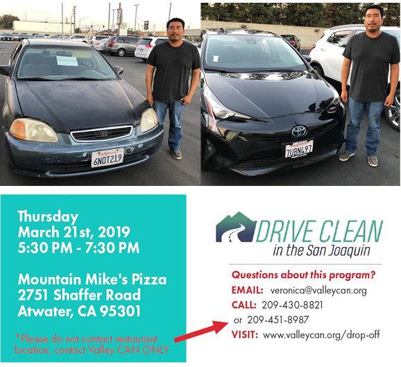 ValleyAir's tweet photo. #DCSJ #VehicleReplacement participants who wish to turn in their completed forms or need assistance with form completion, should join Valley CAN in Atwater, tomorrow, March 21, 5:30-7:30. Replace that old gross-polluter with something much newer and cleaner! https://t.co/ysDdNznOiT