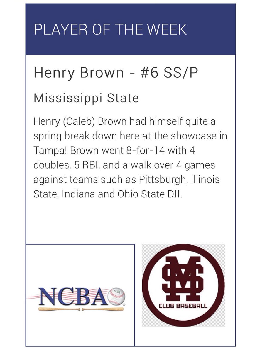 HailStateClubBB's tweet photo. Huge shoutout to @a_oberle44 and @_calebb12_ on being named Pitcher and Player of the Week for the South Atlantic - West Conference for their performances in Tampa at the Spring Training Showcase last week! #HailState https://t.co/YHFrvprKox