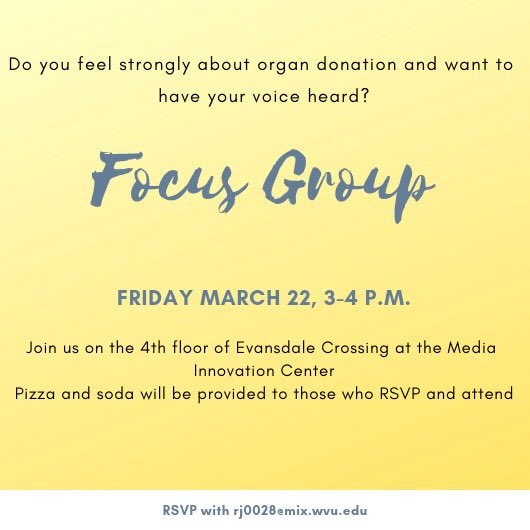 join us for pizza and a discussion about the importance of organ and tissue donation!!