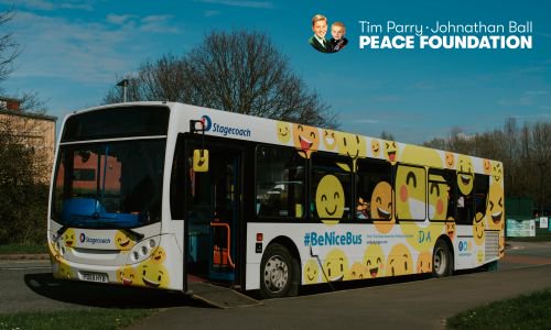 TPJBFoundation's tweet photo. On a day where we're reminded how vital it is to keep working #ForPeace and to be good to each other, @StGregorysSLS have their 'Happy Bus' #BeNiceBus on Peace Drive as part of celebrating #HappinessDay. It brought a smile to our faces! https://t.co/kpf577Htqa