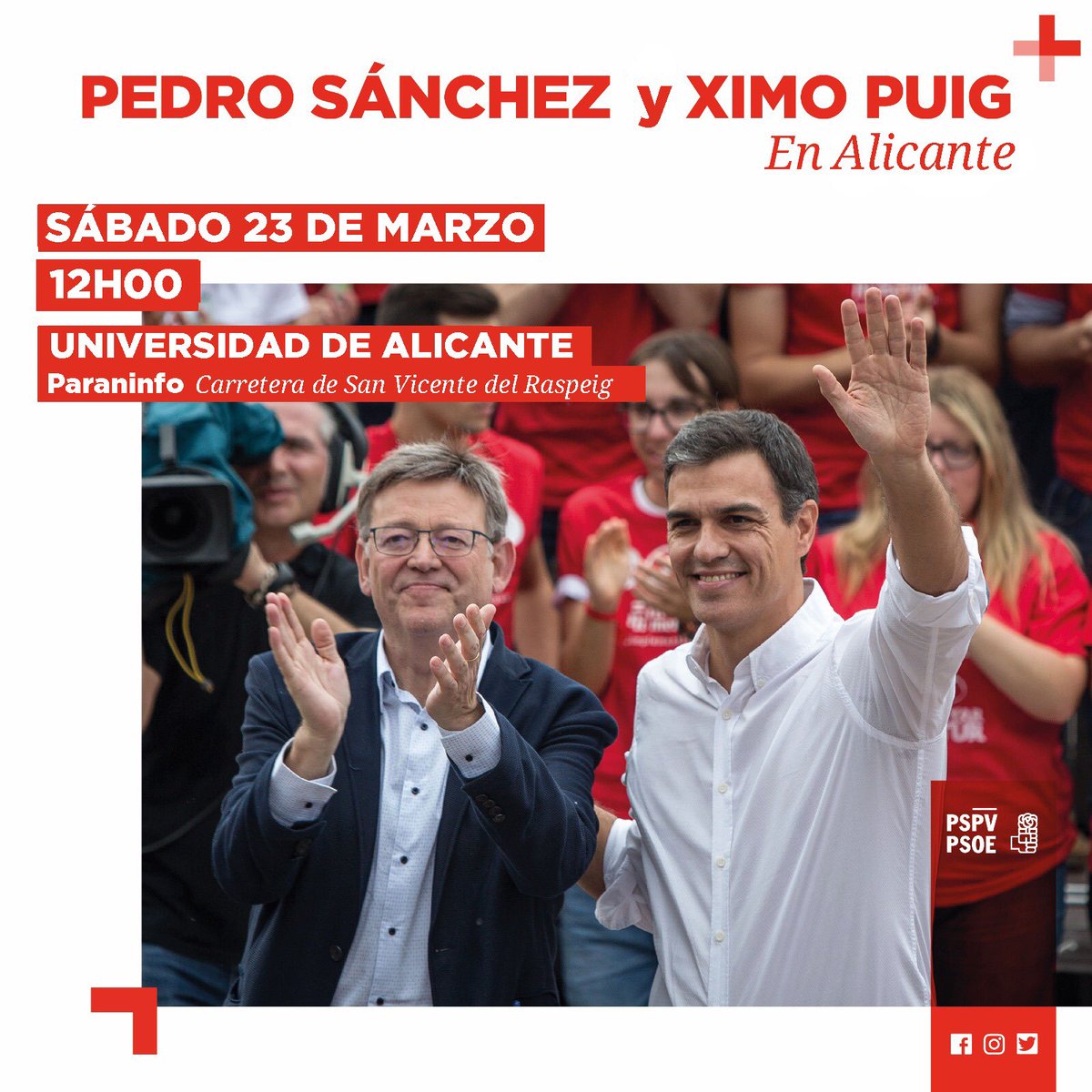 SocialistesVal's tweet photo. 🌹 Este sábado tenemos una cita en Alicante con el president de la Generalitat @ximopuig y el presidente del Gobierno @sanchezcastejon 

Contamos contigo ‼️

🗓 23 de marzo
🕛 12:00h
📍 Paraninfo de la Universidad de Alicante https://t.co/oL0FFx5mI7