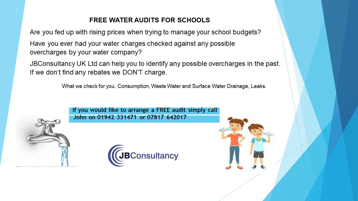 JBC0UKLTD's tweet image. Free Water Audits for #Schools - @JBC0UKLTD can help you to identify any possible #overcharges in the past. If we don’t find any #rebates we DON’T charge. #water #GreaterManchester #Utilities