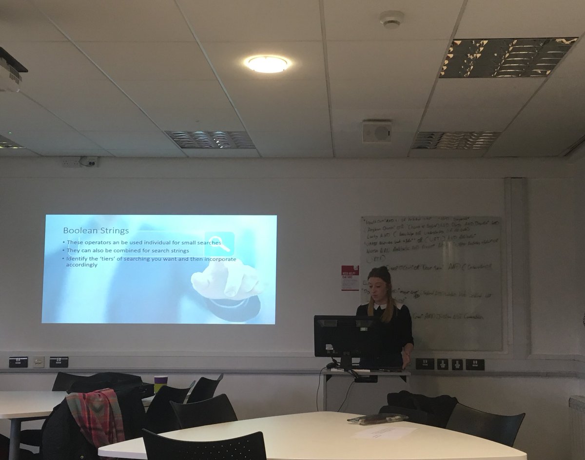 JSS_PhD's tweet photo. A very informative and interactive seminar delivered by @MeganNeedham15 and @RobinJParsons giving an introduction into Boolean searching @StaffsUniLPF @StaffsResearch https://t.co/6Cowxu2Rat