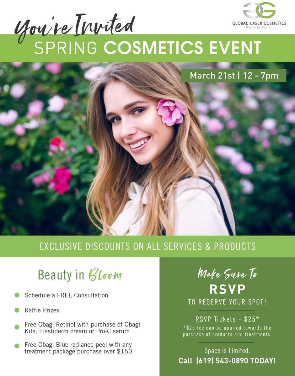 Don't miss out on your chance to Bloom Your Beauty at our Spring Cosmetic Event THIS THURSDAY on March 21st!! #Springbeauty #Bloomingbeauty #Cosmeticevent