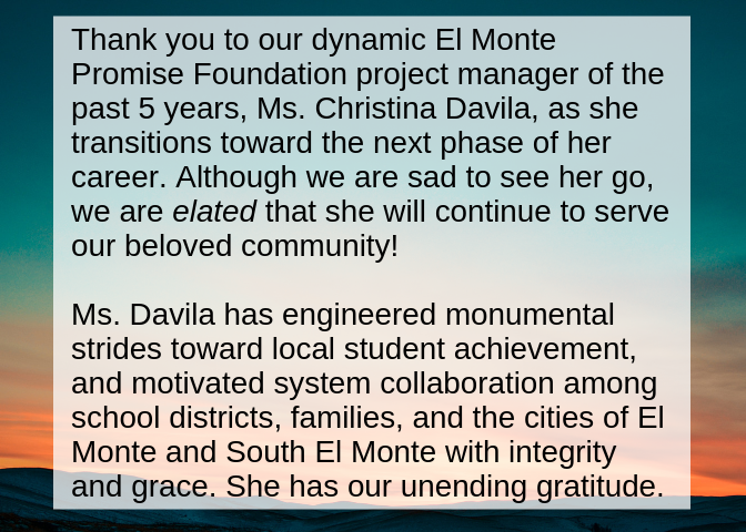 ElMontePromise's tweet photo. You have our deep respect for your devoted years and tireless hours, energy, and patience for the good work of El Monte Promise Foundation. We look forward to your future in the El Monte region, and wish you luck as the new Director of the Jeff Seymour Family Center! https://t.co/sqdbLJus7C