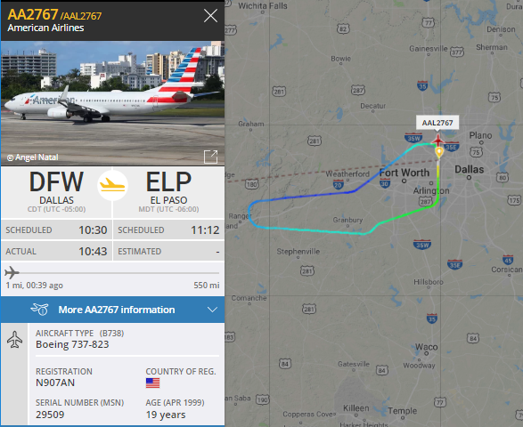 NikPhillips666's tweet photo. American Airlines #AA2767 has returned to Dallas - unknown reason https://t.co/47G2dNXYHS