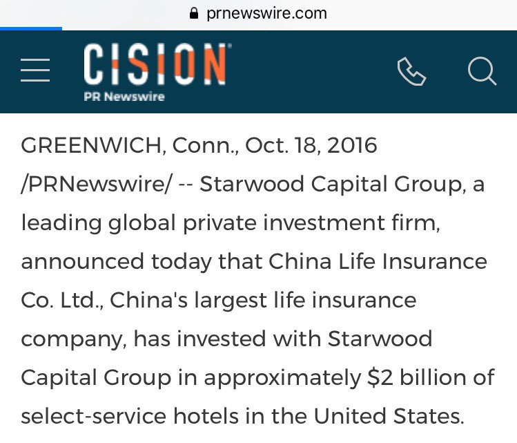  https://www.prnewswire.com/news-releases/china-life-invests-in-starwood-capital-group-select-service-hotel-portfolio-300347068.htmlSeptember 14, 2017: Meeting with Barry Sternlicht, chairman of Starwood Capital. (43)