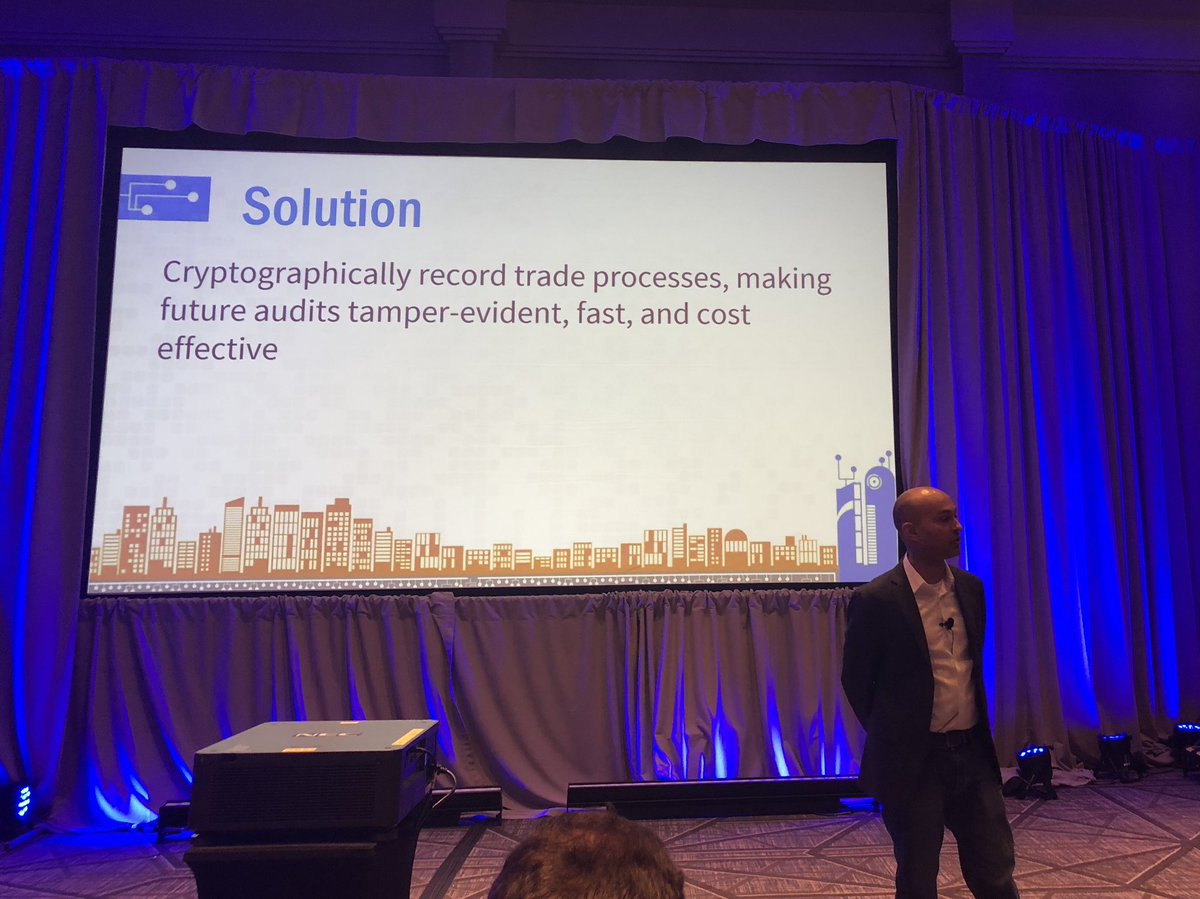 Steve_Lockstep's tweet photo. Next at #SciTechShowcase, Blockchain PoC to manage goods importation certificates, with @manusporny
“We didn’t just throw blockchain at this”
“Luckily blockchain hype is dying down”
“Of every 10 blockchain ideas, only one succeeds”. https://t.co/jLE1ceyNRf