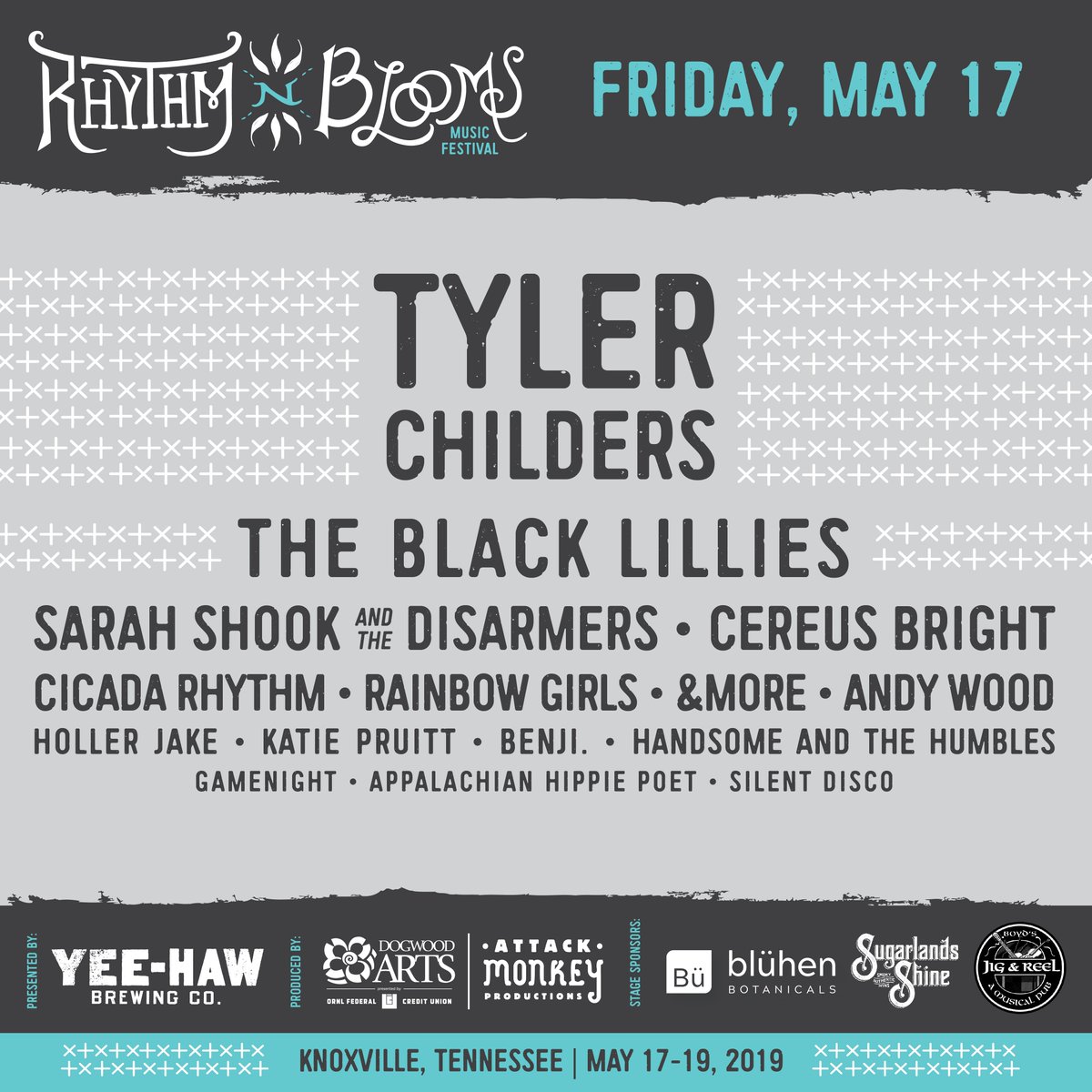 RhythmNBlooms's tweet photo. Daily lineups (including several new artist additions) are now available ๐ฅ Pick up tickets and start planning your festival experience today! ๐https://t.co/DmxIQi2bRI ๐ถ#rnbknox #rnbx #dogwoodarts #attackmonkey #knoxrocks https://t.co/k1lunX34w4