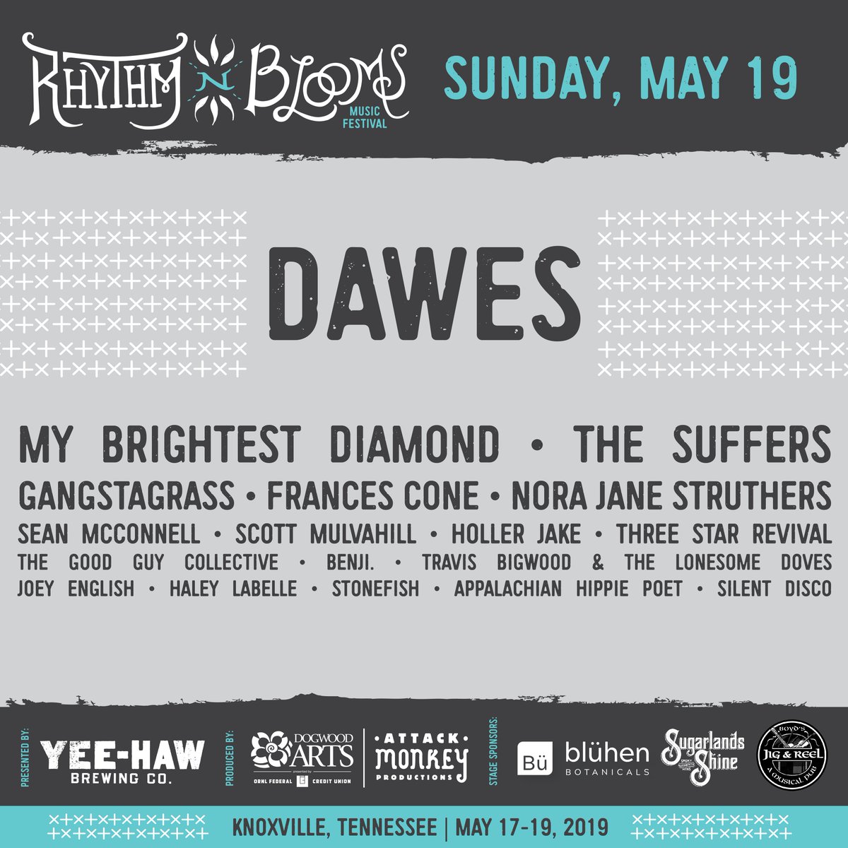 RhythmNBlooms's tweet photo. Daily lineups (including several new artist additions) are now available ๐ฅ Pick up tickets and start planning your festival experience today! ๐https://t.co/DmxIQi2bRI ๐ถ#rnbknox #rnbx #dogwoodarts #attackmonkey #knoxrocks https://t.co/k1lunX34w4