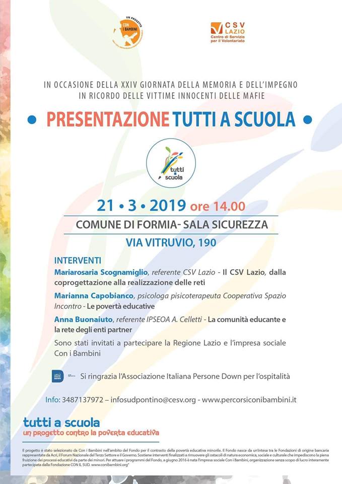 As_Airone's tweet photo. In occasione della Giornata della memoria e dell’impegno in ricordo delle vittime delle mafie,il 21 marzo sarà presentato il progetto“Tutti a scuola” del CSV del Lazio in cui @As_Airone è partner per dare il suo contributo per contrastare l’abbandono e la dispersione scolastica https://t.co/nEK3BUfxhd