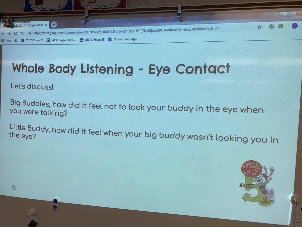 MrsWhitcombEDU's tweet photo. #habit5 in #LEADTime today. How did it feel to have a conversation without eye contact? Answers: Selfish, awkward, disrespected, confused, boring, sad. @atlaselem #VUSDStrong https://t.co/aq7MRZuyal