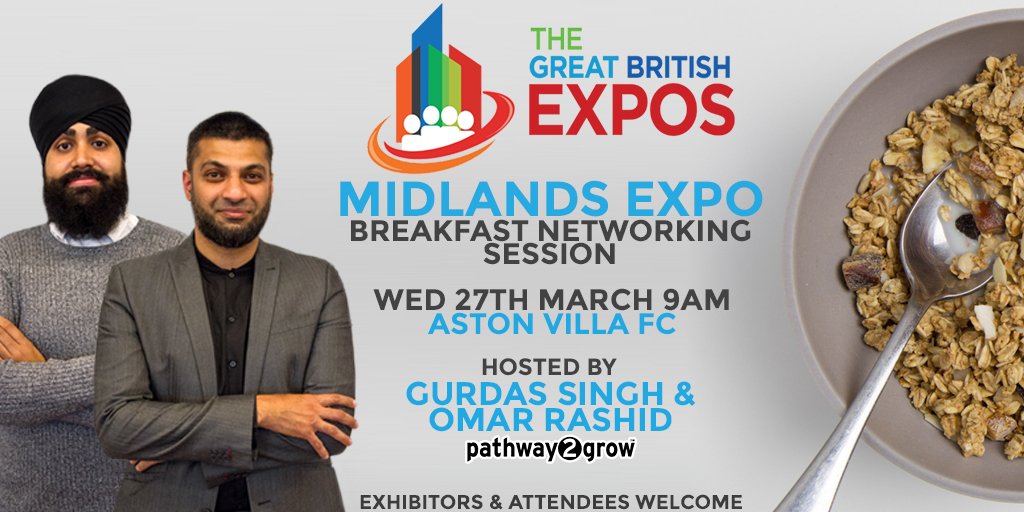 Pathway2Grow's tweet photo. 🥣🤝 Join us for a #Breakfast #Networking session at @GBExpos #MidlandsBusinessExpo at @AVFCOfficial #Birmingham next week hosted by @SlapstickaUK &amp; @omarrashidHR - Exhibitors &amp; Delegates welcome 👉 https://t.co/SQ1o0J9NSb #Pathway2Grow @Ifraz_1 https://t.co/NqxzwrwU25