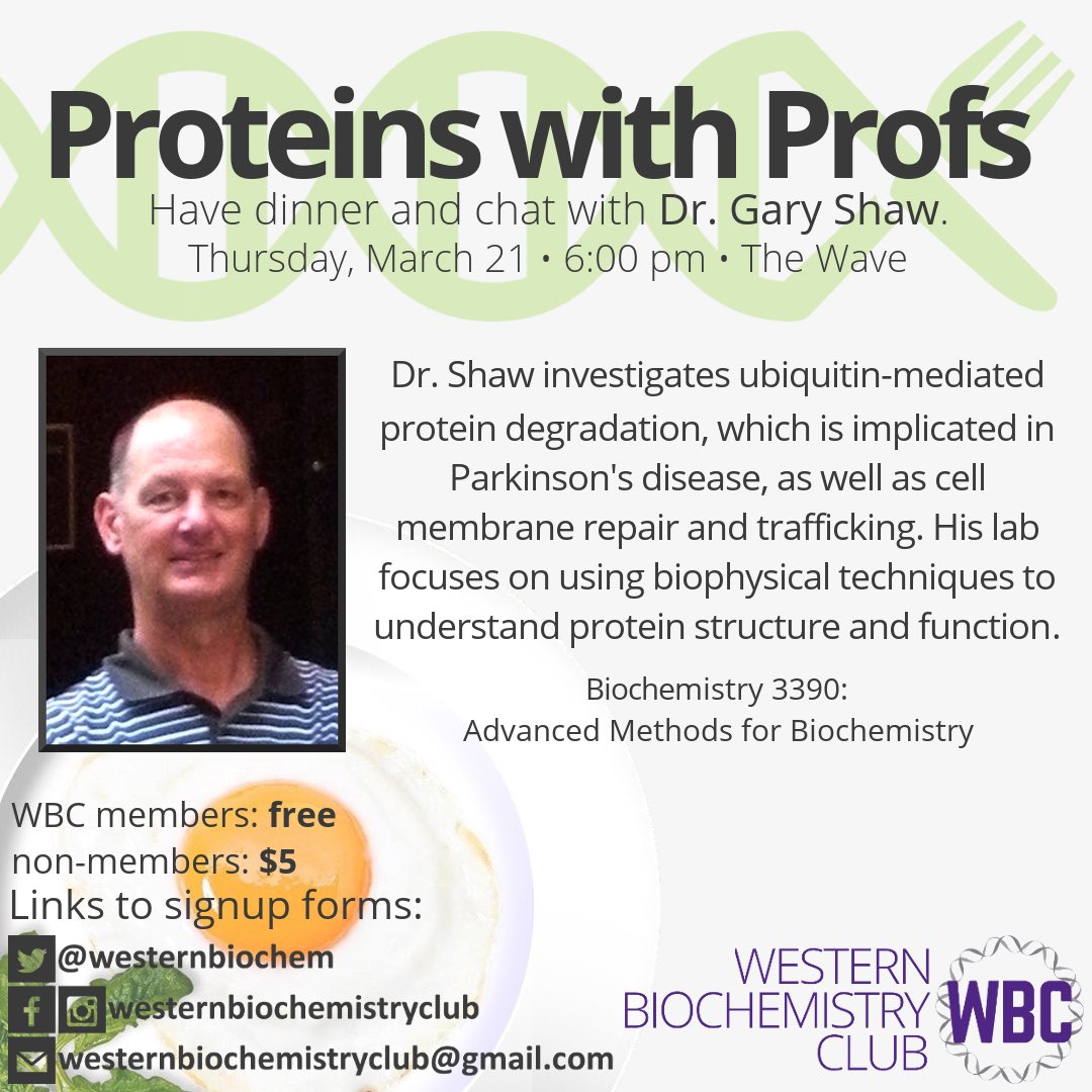 Our next Proteins with Profs dinner is tomorrow night at @TheWaveandSpoke with Dr. Shaw <a href="/theshawlab/">ShawLab</a> at 6 pm! Sign up at the link on our Facebook page to attend 🥩🍗🥓🍳