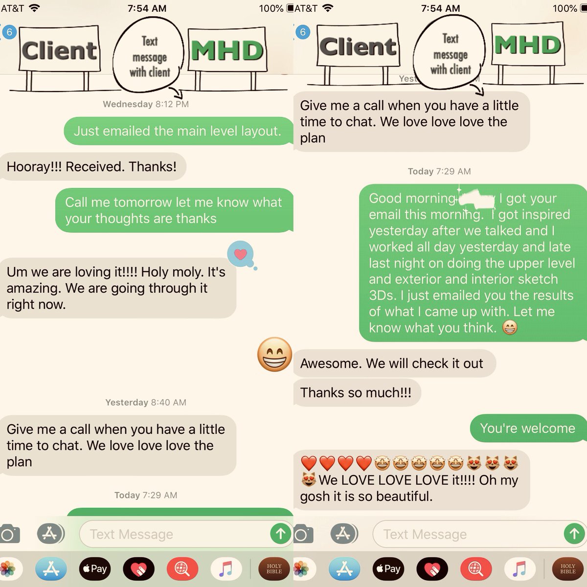 MarkHovisDesign's tweet photo. As a designer/creative you spend hours create designs that are pleasing to eye &amp; functional while making it fit within size &amp; budget design parameters. This text convo with client makes it all worth it!  #lovemyjob #customhomedesign #happyclients #3Drenderings #designprocess https://t.co/5crF7qVraF