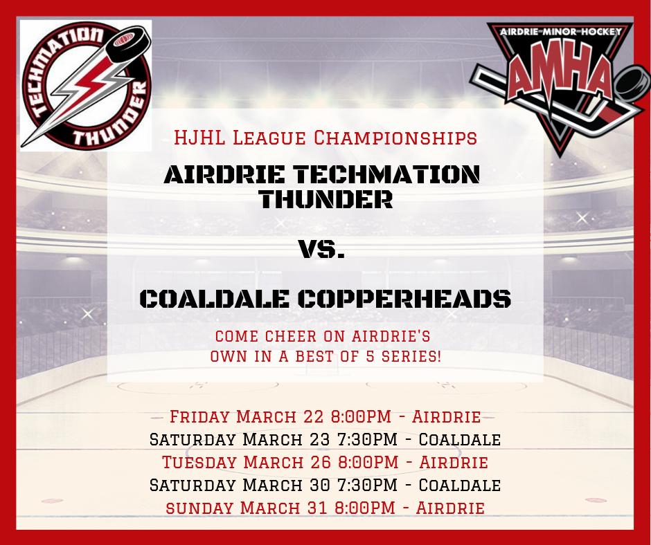 HockeyAirdrie's tweet photo. In just two nights Airdrie's Techmation Thunder will battle it out with the Coaldale Copperheads in a best of five series for the HJHL League Championship!
Come cheer on your team Airdrie! #AMHABuilt #AMHAGrown #AMHAPride #Hockey #Championships #ChampionshipGame #GoingToTheShips https://t.co/1kL3vxuBU0