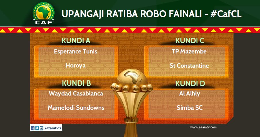 azamtvtz's tweet photo. #CAFCLDraw #CAFCL 
Ratiba ya michezo ya robo fainali ya Ligi ya Mabingwa Afrika inatarajiwa kupangwa kuanzia saa 2:00 usiku huu kutoka Cairo nchini Misri.
Mnyama @SimbaSCTanzania atakutana na nani?
Fuatilia LIVE kupitia chaneli ya #ZBC2
#SisiNiSoka #AzamTVApp #AzamTVLIVEUpdates https://t.co/INfkulp3Du