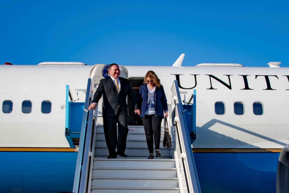Secretary of State Michael R. Pompeo and Mrs. Pompeo disembark an airplane after arriving in Israel on March 20, 2019.