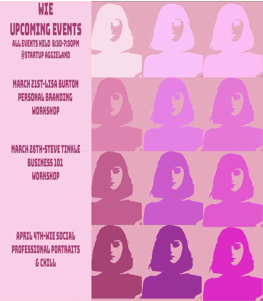 TAMUWIE1's tweet photo. Come check out our upcoming events at Startup Aggieland! #WomeninBusiness #womensupportingwomen #mcferrincenter #startup #womenintech #shemeansbusiness #WIE #WomeninEntrepreneurship #Entrepreneurship https://t.co/Fs4UIjTw19