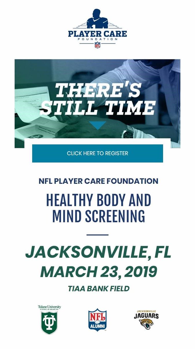 NFLPCF's tweet photo. Calling all former NFL players in the Jacksonville area‼️There's still time to attend the PCF Healthy Body and Mind Screening on March 23rd at TIAA Bank Field. Check out the link for preregistration: https://t.co/UE9afRUkZn #CaringForThoseWhoContributed 🏈 https://t.co/Z6TAVIZdSN