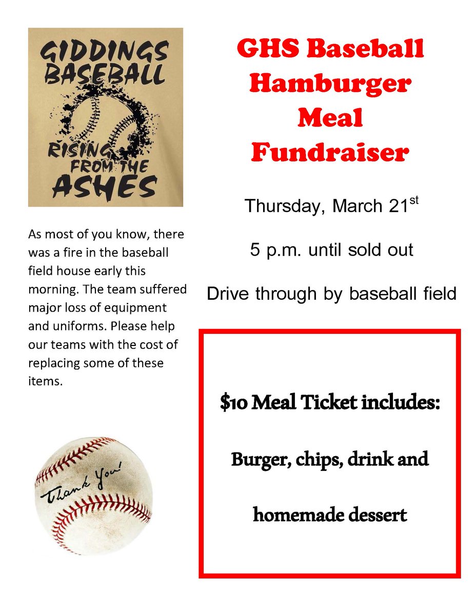 The Giddings High School Baseball Team suffered a fire in the baseball field house early on the morning of March 20, 2019. There was a major loss of equipment and uniforms. Please help our teams with the cost of replacing some of these items through the following fundraiser.